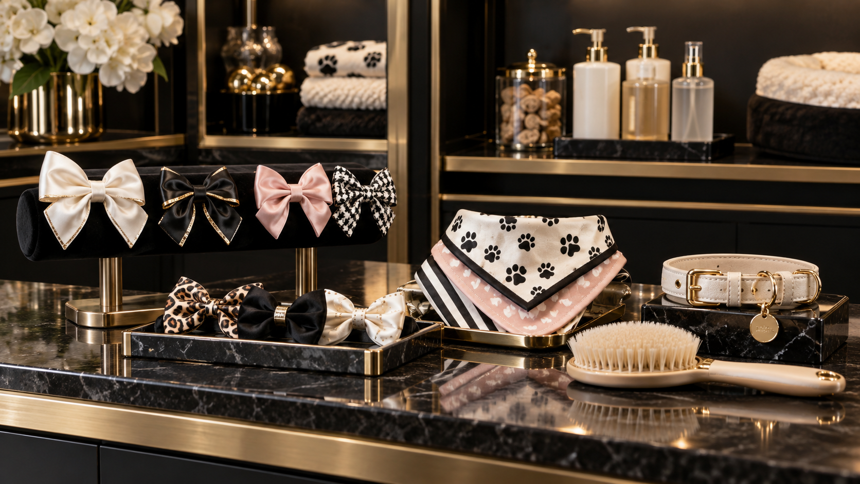 Luxury pet boutique display with bows, bandanas, collar and grooming essentials