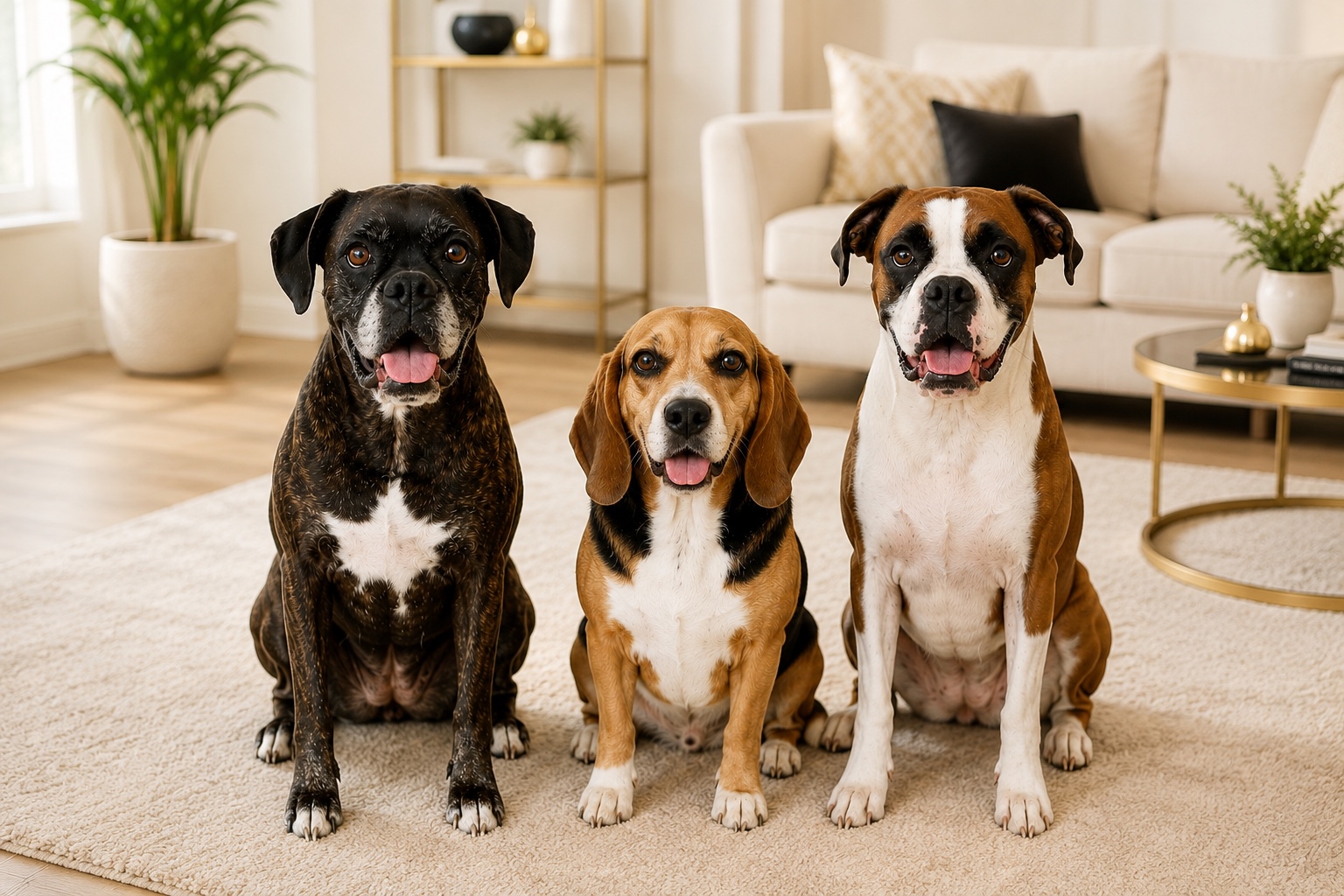 Three happy dogs sitting together